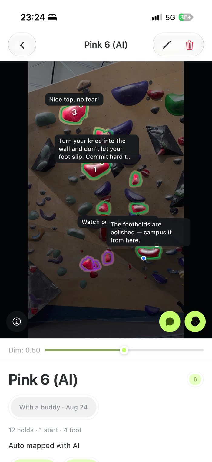 Full boulder view in Grippy with description, tags, send status, and route notes