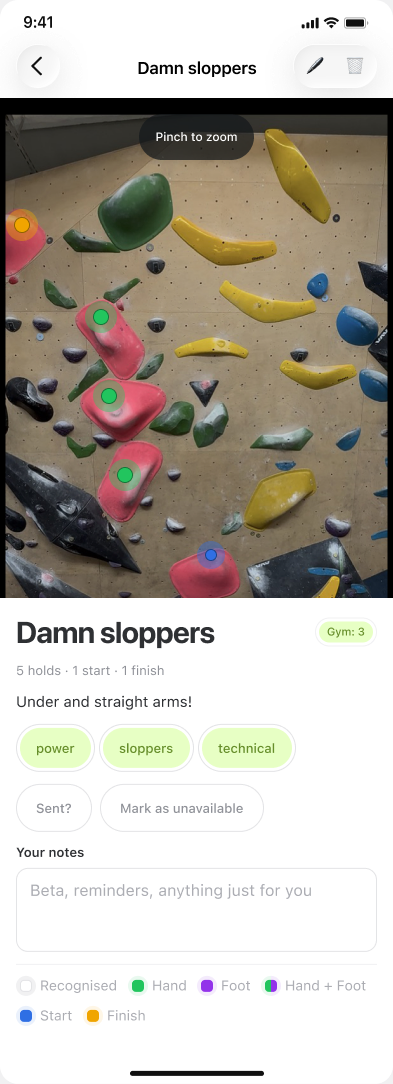 Full boulder view in Grippy with description, tags, send status, and route notes