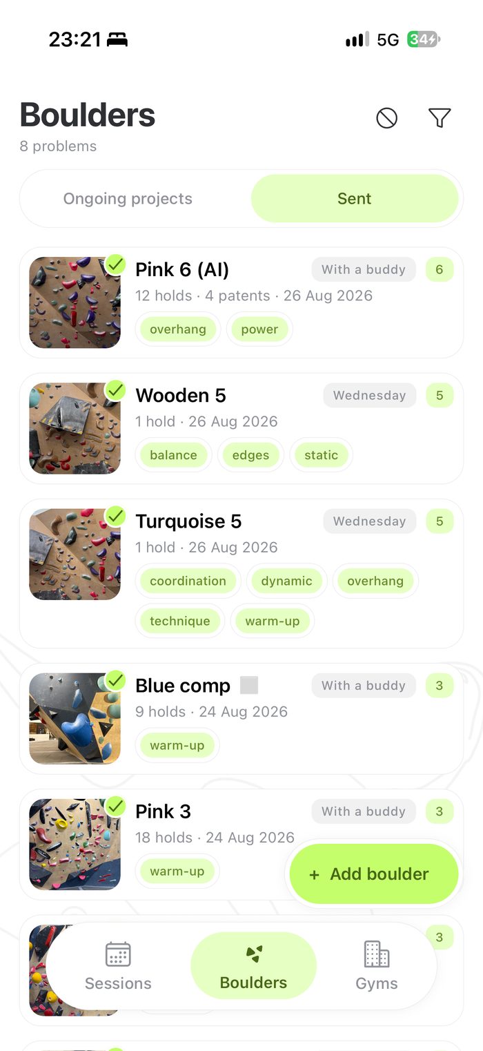 Boulders list in Grippy with grades and tags