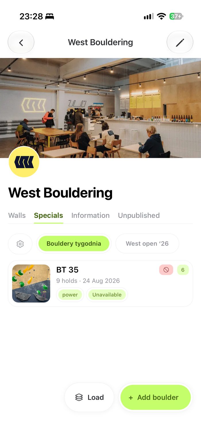 A gym's set chips in Grippy, grouping boulders like a weekly set