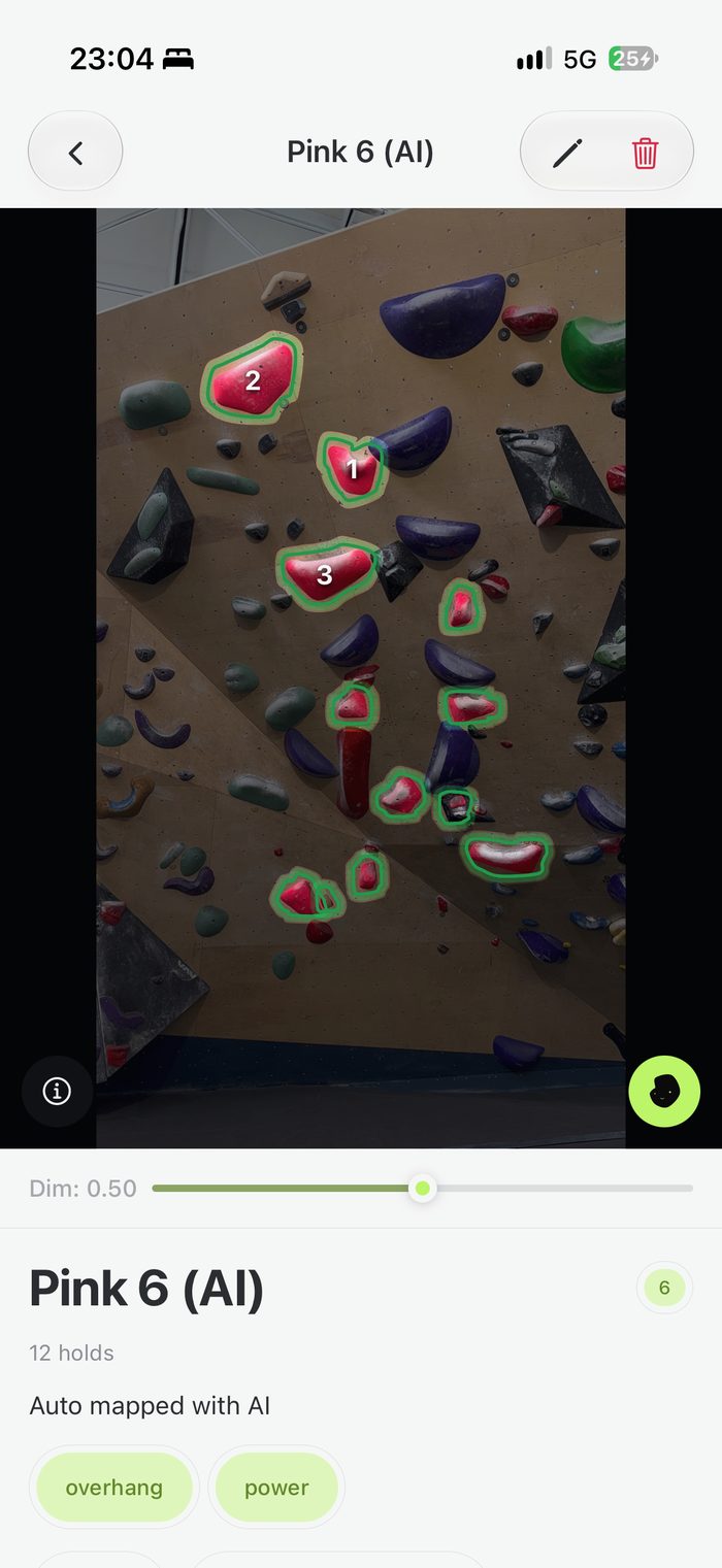 AI-detected hold outlines being reviewed on a gym wall photo in Grippy