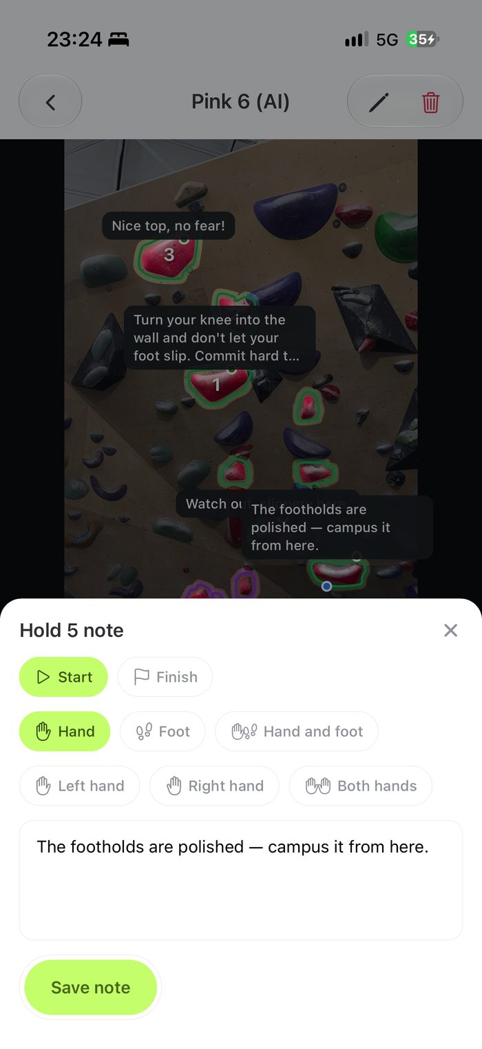 Editing beta notes and hand/foot role for a single hold in Grippy