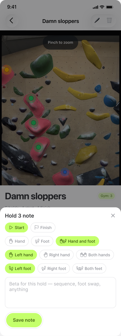 Editing beta notes and hand/foot role for a single hold in Grippy