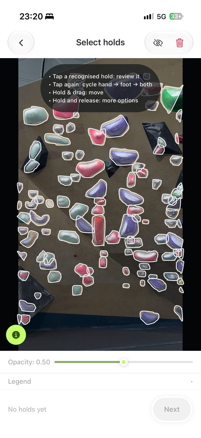 AI hold detection outlining holds on a second wall photo
