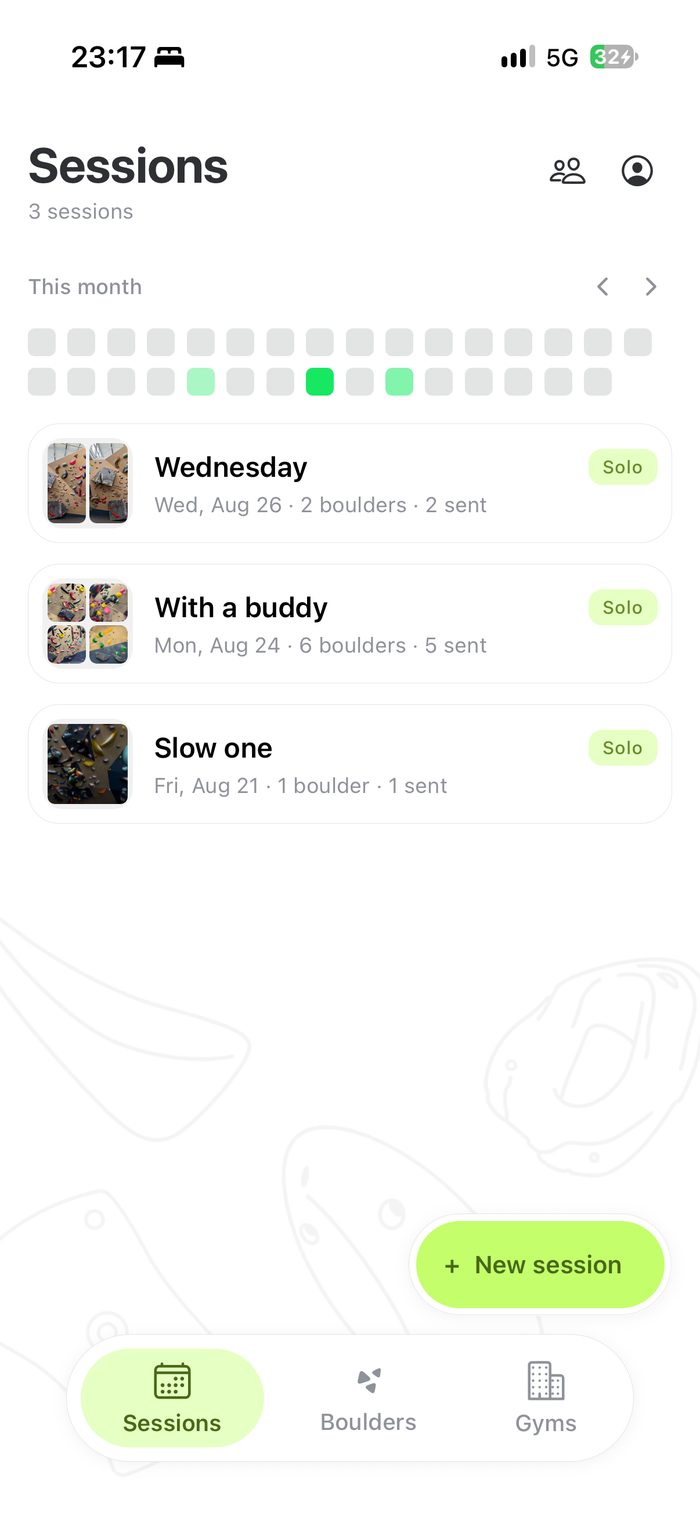 Sessions list in Grippy with a monthly streak calendar