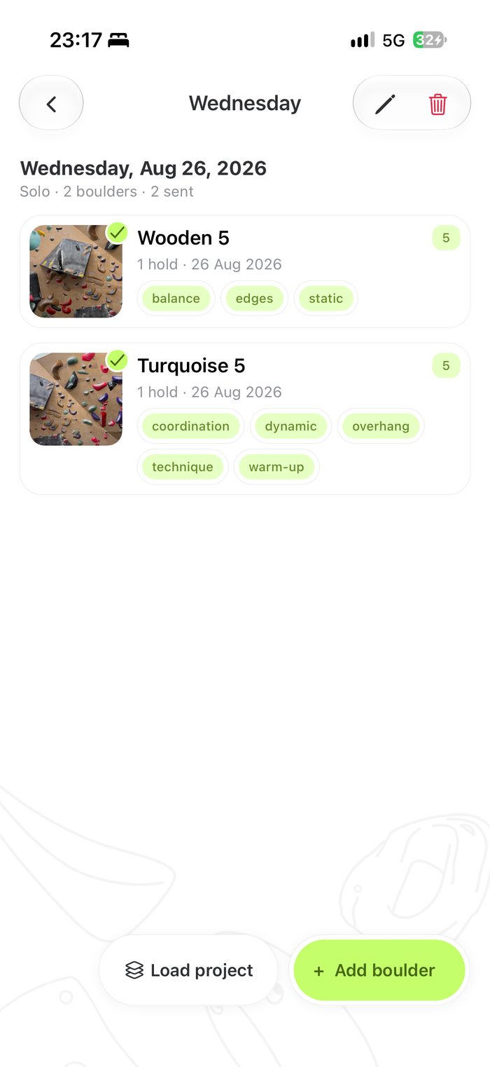 Session detail view in Grippy, showing boulders climbed with grades and send status
