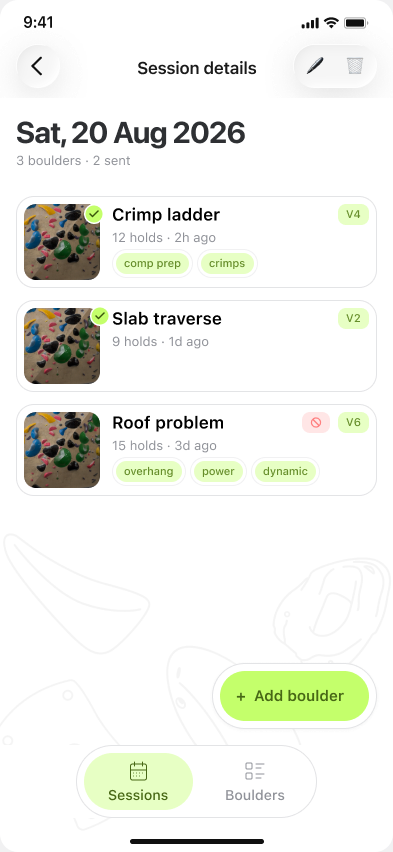 Session detail view in Grippy, showing boulders climbed with grades and send status